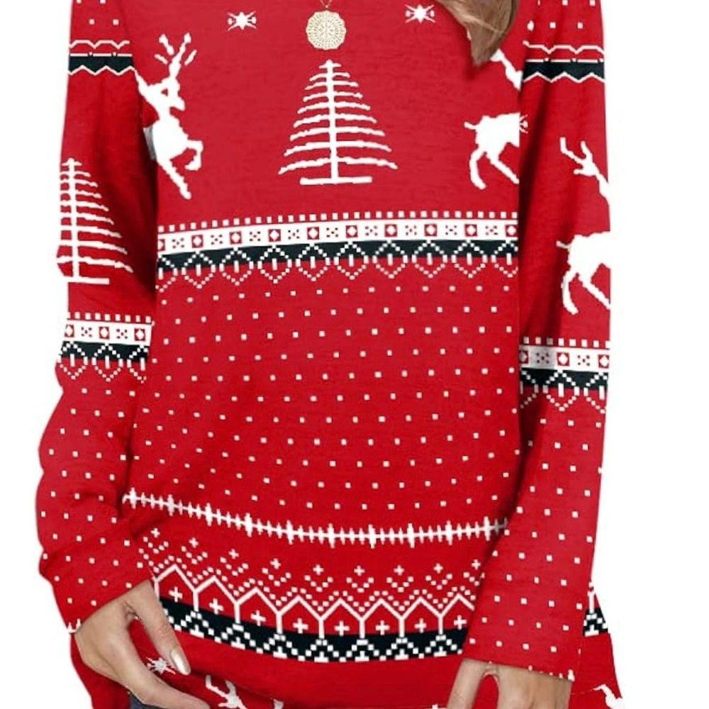 Festive Red and White Crew Neck Sweater with Nordic Patterns